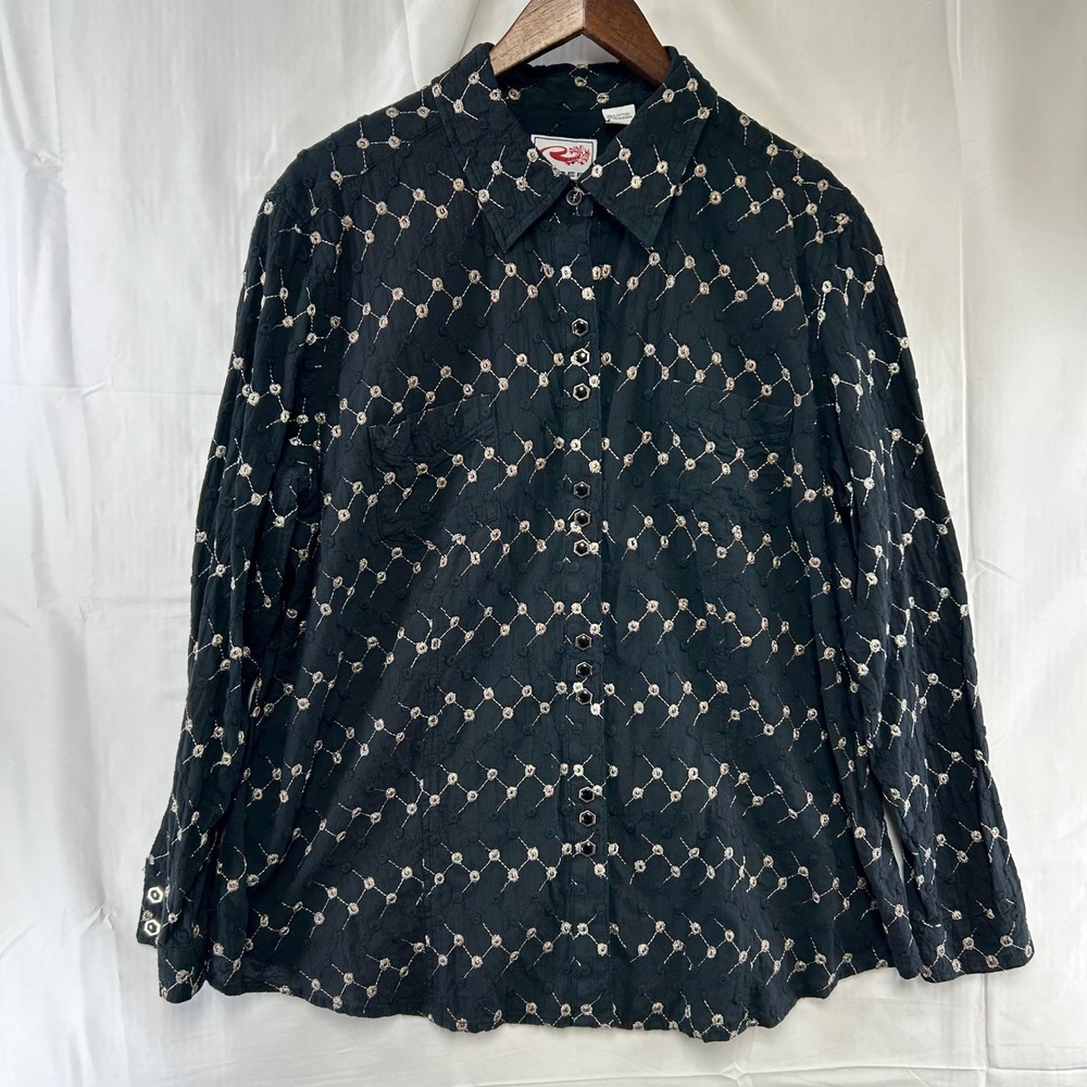 Roper Western Shirt Womens 2X Black Metallic Embroidered Button Up Long Sleeve